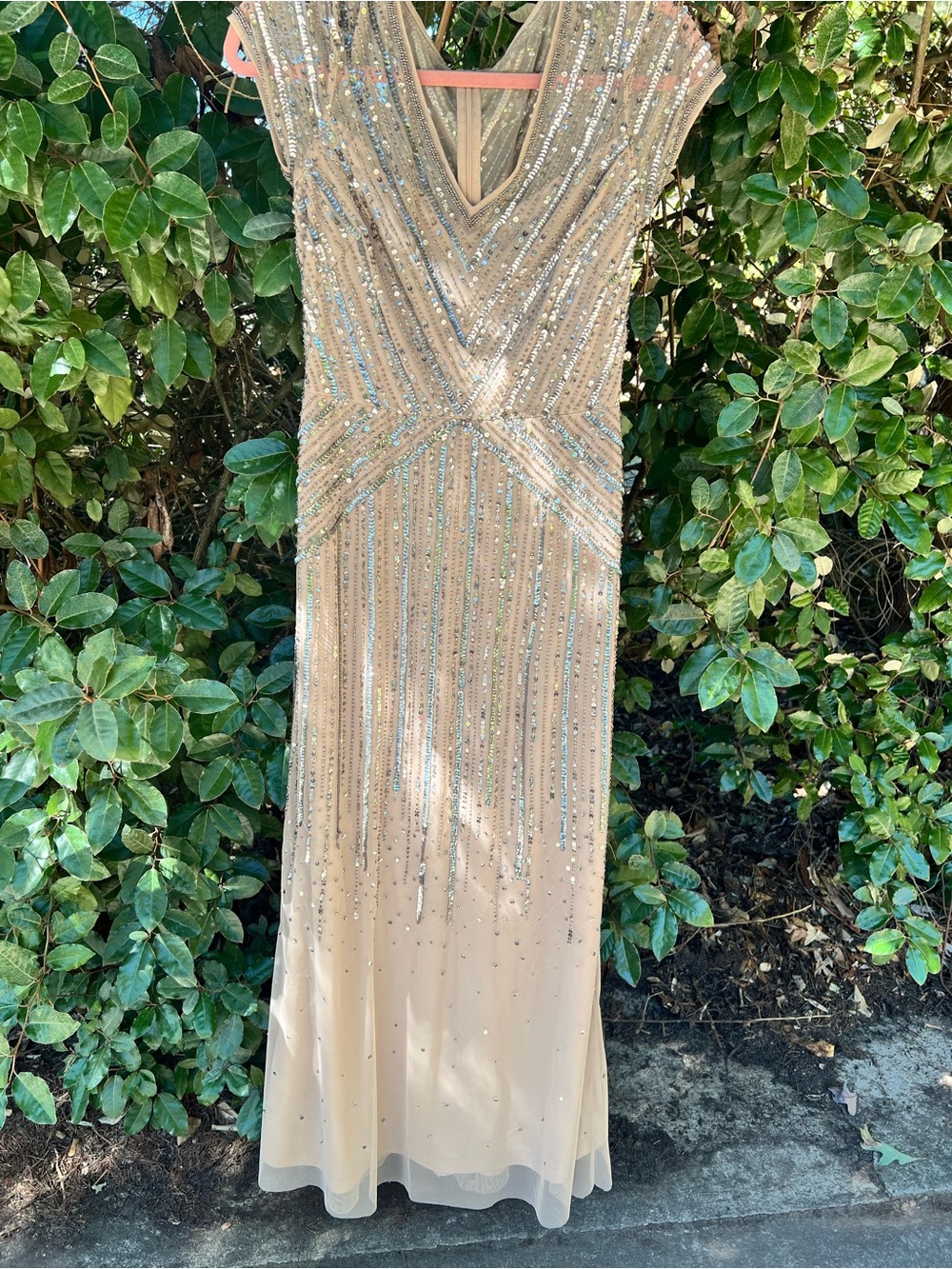 Adrianna Papell Sequin-Embellished Champagne Maxi Gown